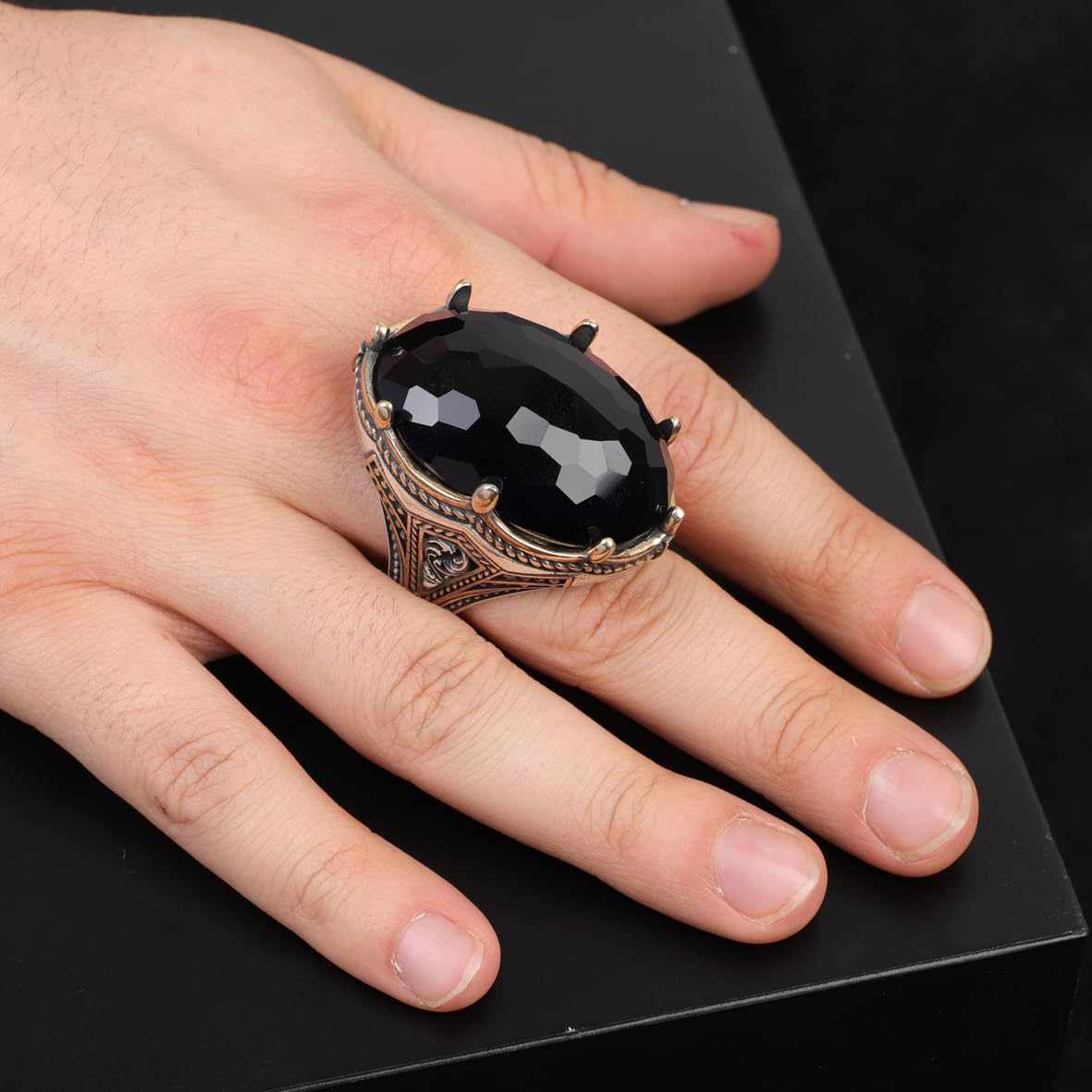 Vintage Men's Handmade Blue Sapphire Ring - Oval Gemstone Ottoman Style Large Sterling Silver Ring with Silver Polishing Cloth Gift