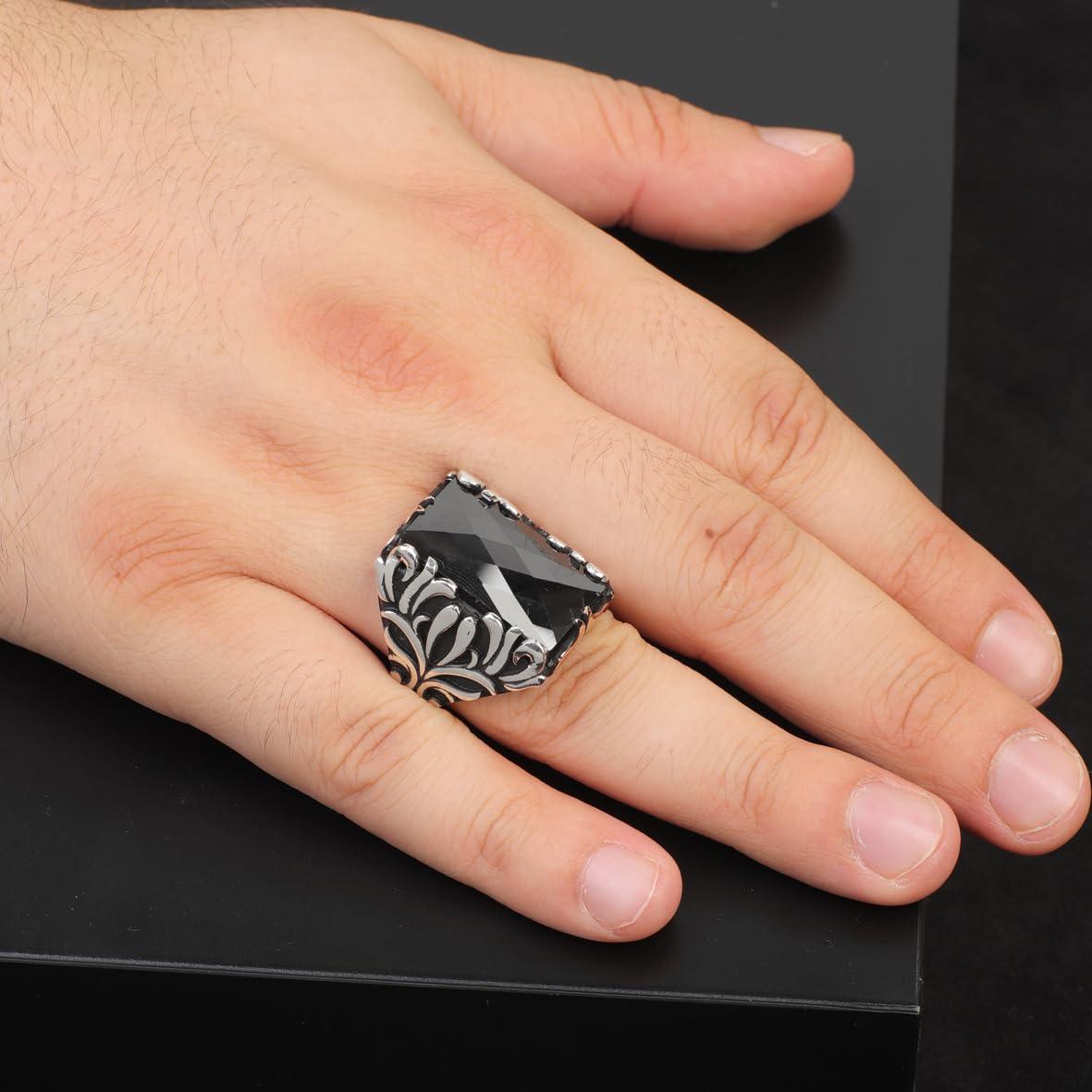Vintage Ottoman Large Onyx Gemstone Ring for Men – Handmade 925 Sterling Silver Engagement Ring with Custom Engraving & Gift Silver Polishing Cloth