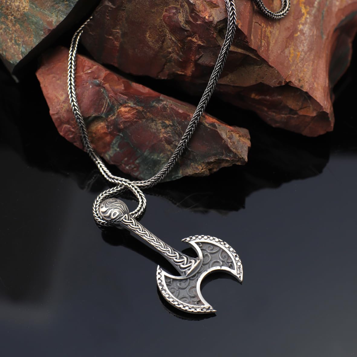 Sterling Silver Axe Necklace for Men - Gothic Biker Pendant with Silver Chain & Cleaning Cloth Gift - Sterling Silver Silver Chain