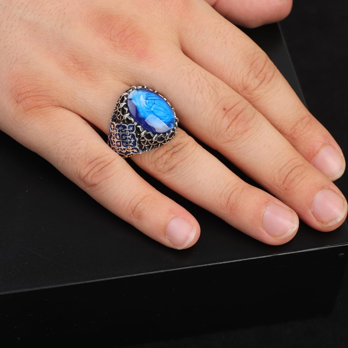 Genuine Turquoise Men's Ring - Vintage Oval Stone Gemstone Ring in 925 Sterling Silver