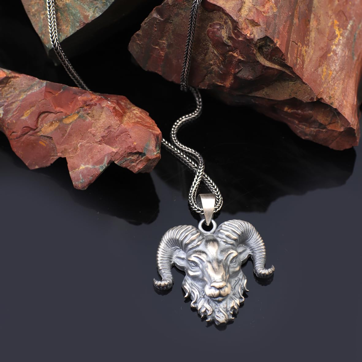 Sterling Silver Goat Necklace - Gothic & Biker Style Men's Pendant with Silver Chain - Includes Silver Cleaning Cloth Gift