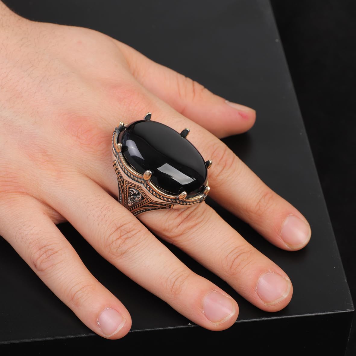 Vintage Men's Handmade Onyx Ring with Oval Gemstone - Large Ottoman Style 925 Sterling Silver Band - Includes Silver Polishing Cloth Gift