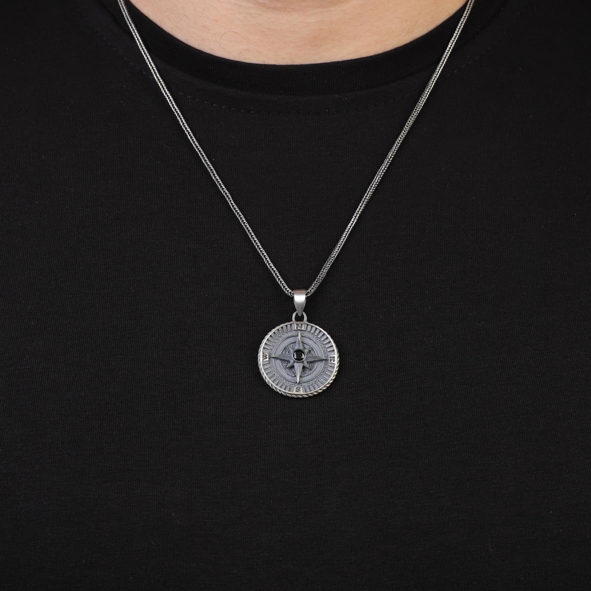 Men's Compass Pendant Necklace - Onyx and Sterling Silver Gothic Biker Necklace with Silver Chain & Polishing Cloth