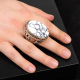 White Turquoise Oval Gemstone Ring for Men - Handmade Ottoman Style 925 Sterling Silver Large Vintage Ring with Silver Polishing Cloth Gift — image 2