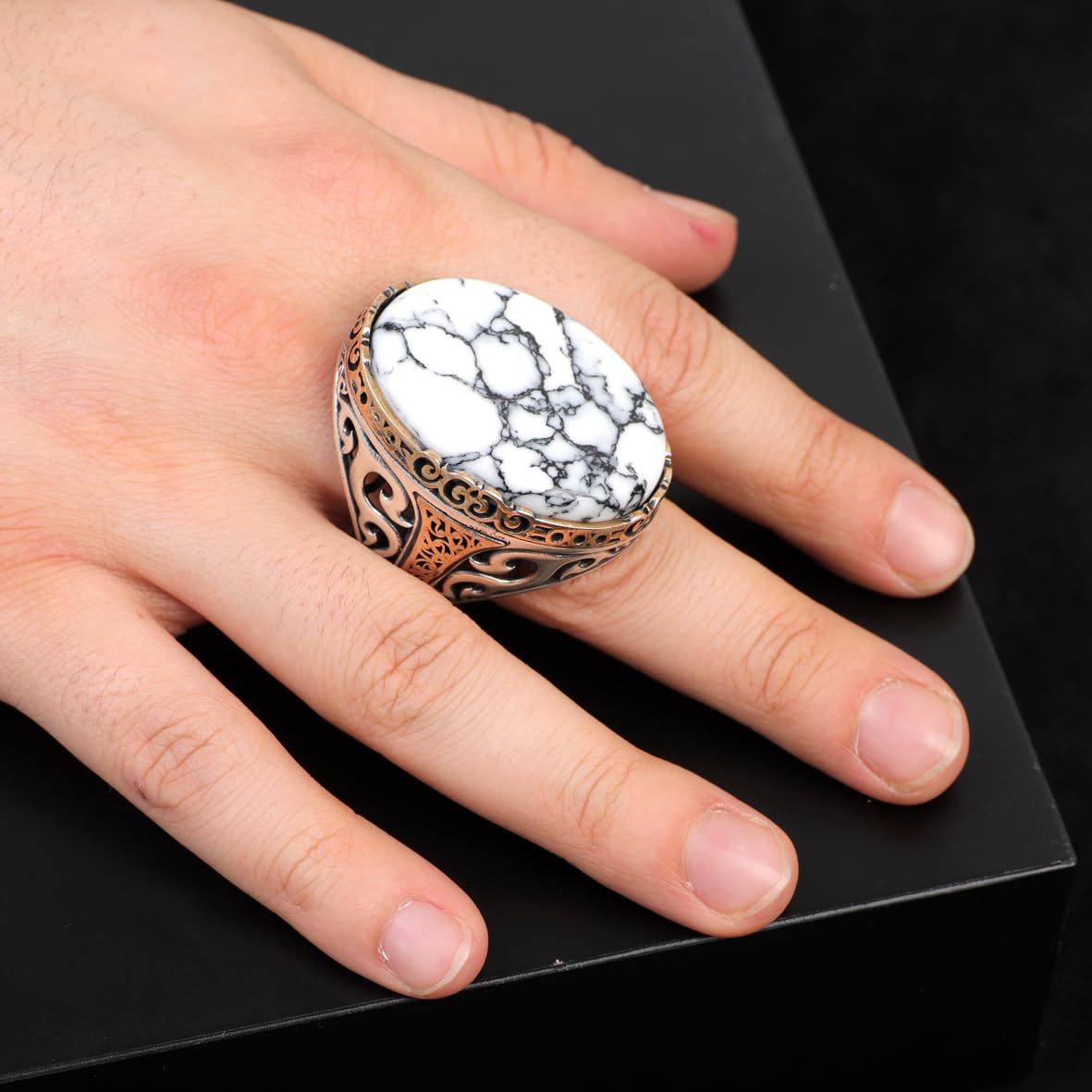 White Turquoise Oval Gemstone Ring for Men - Handmade Ottoman Style 925 Sterling Silver Large Vintage Ring with Silver Polishing Cloth Gift