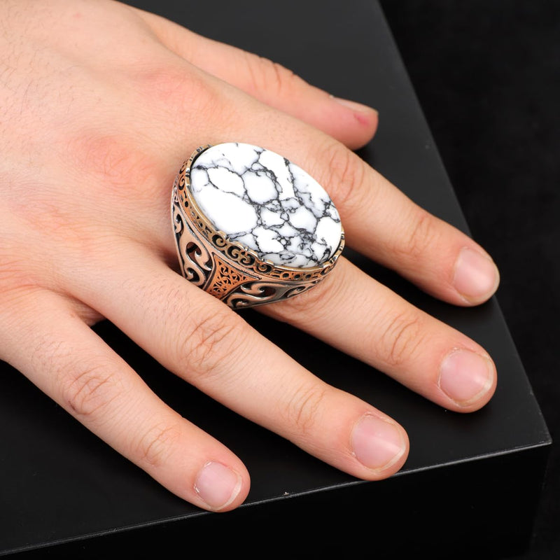 White Turquoise Oval Gemstone Ring for Men - Handmade Ottoman Style 925 Sterling Silver Large Vintage Ring with Silver Polishing Cloth Gift