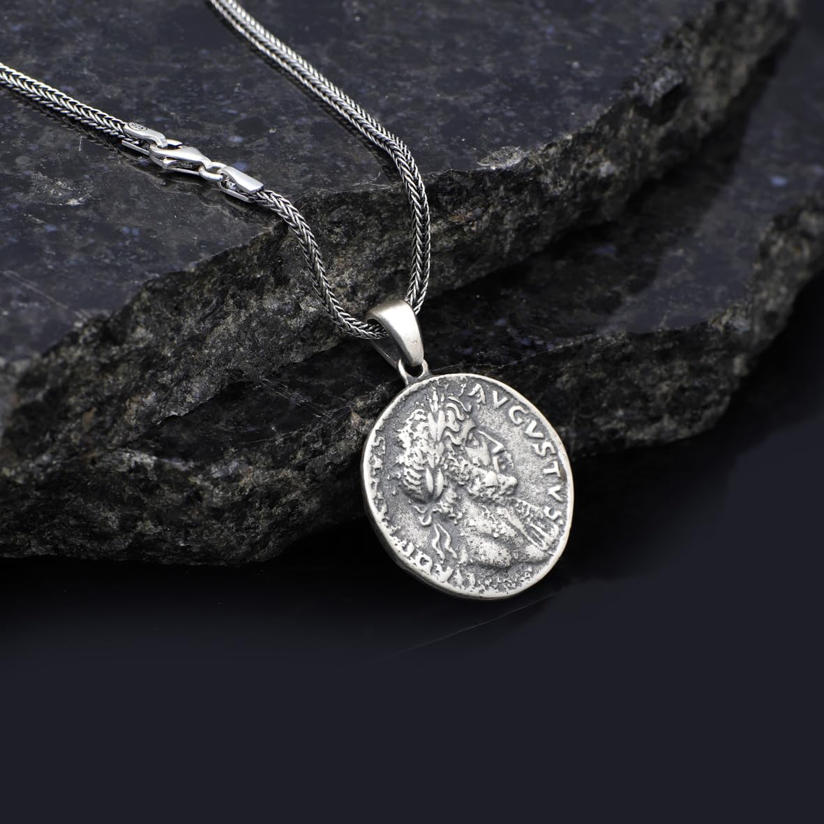 Sterling Silver Men's Mythology Necklace with Antique Caesar Coin Pendant and Silver Chain - Birthday Gifts