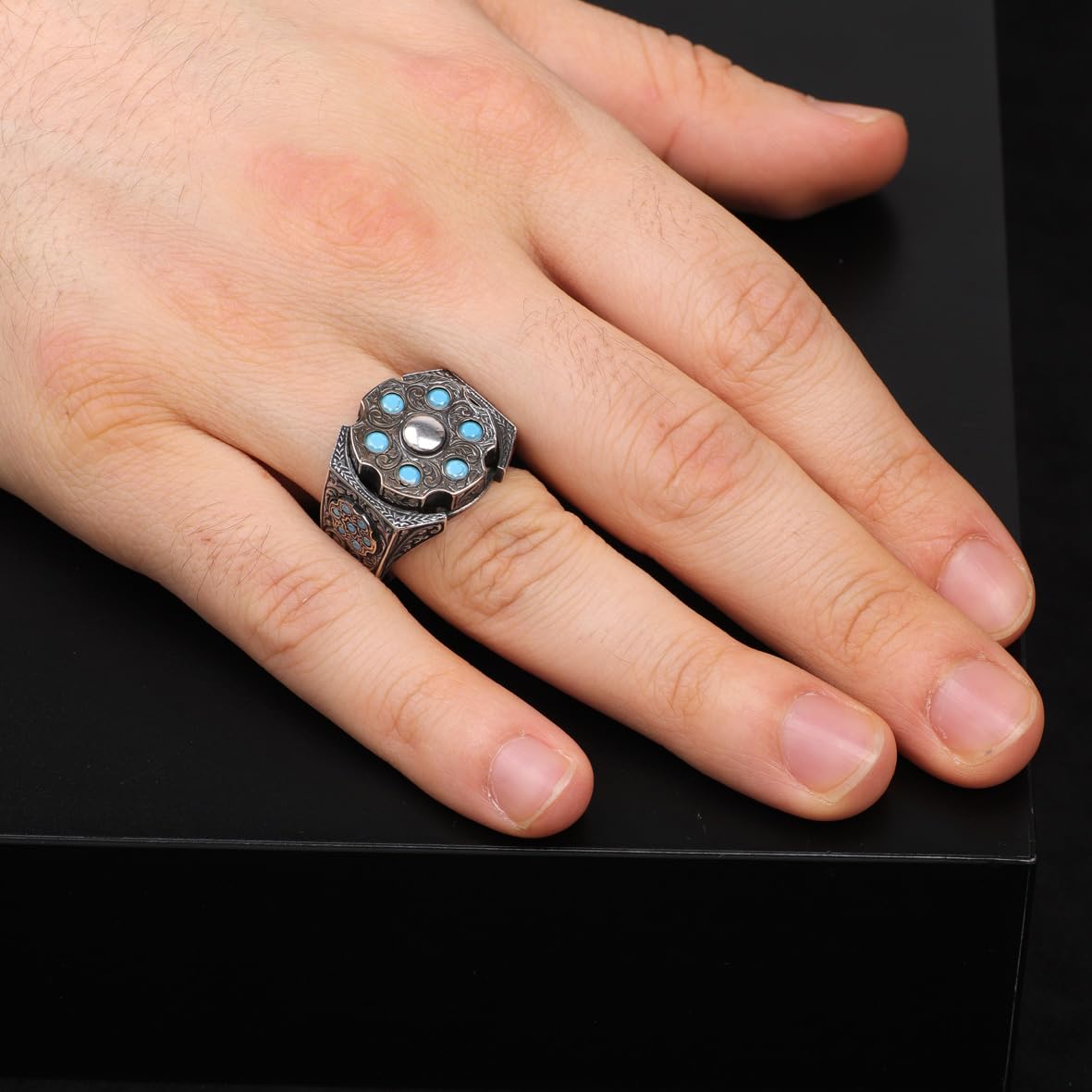 925 Sterling Silver Turquoise Ring - Men's Rotating Ottoman Jewelry - 925 Sterling Silver Ottoman Turquoise Ring - Birthday Gifts