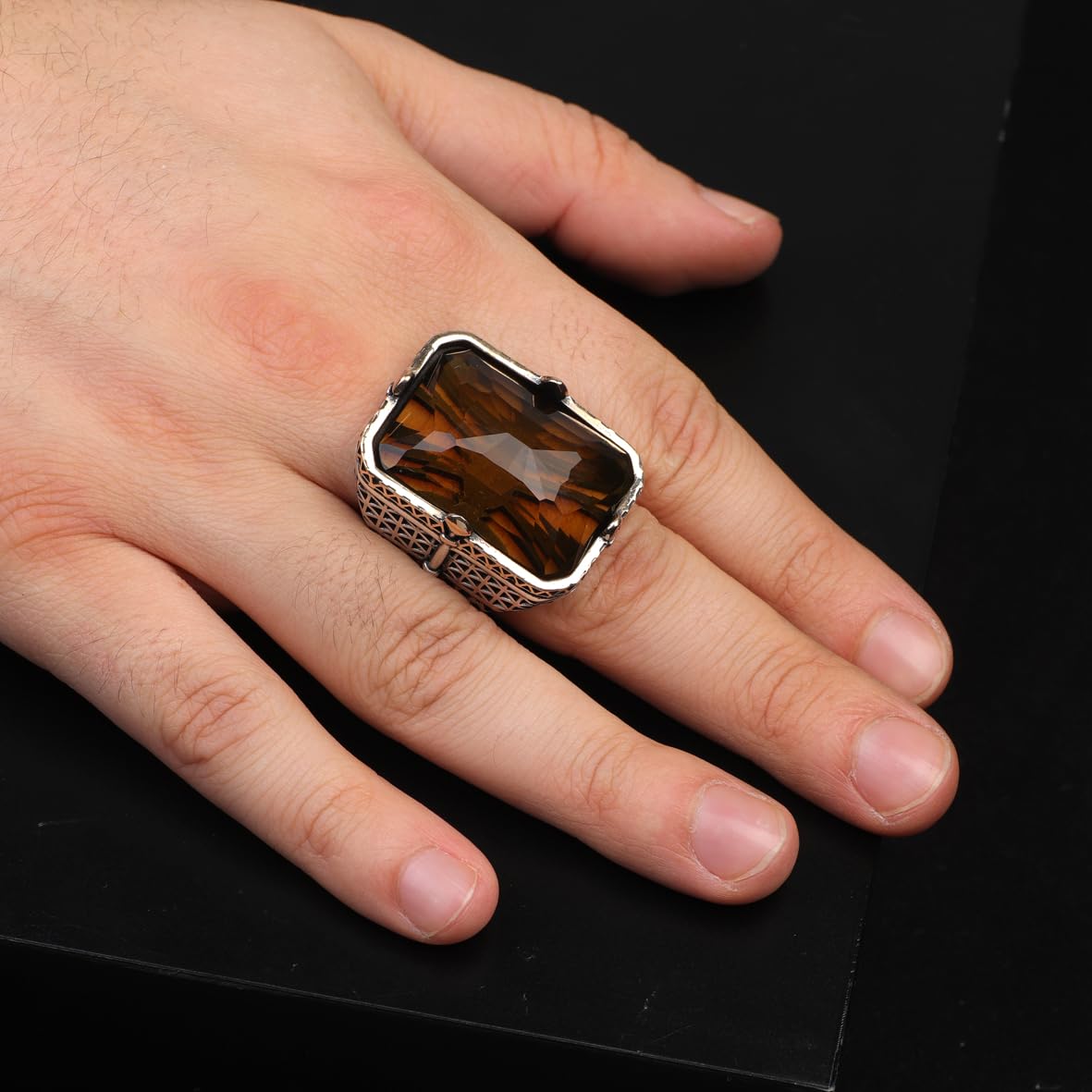 Vintage Large Citrine Ring for Men - 925 Sterling Silver Turkish Handmade Polished Engagement Ring with Silver Polishing Cloth Gift