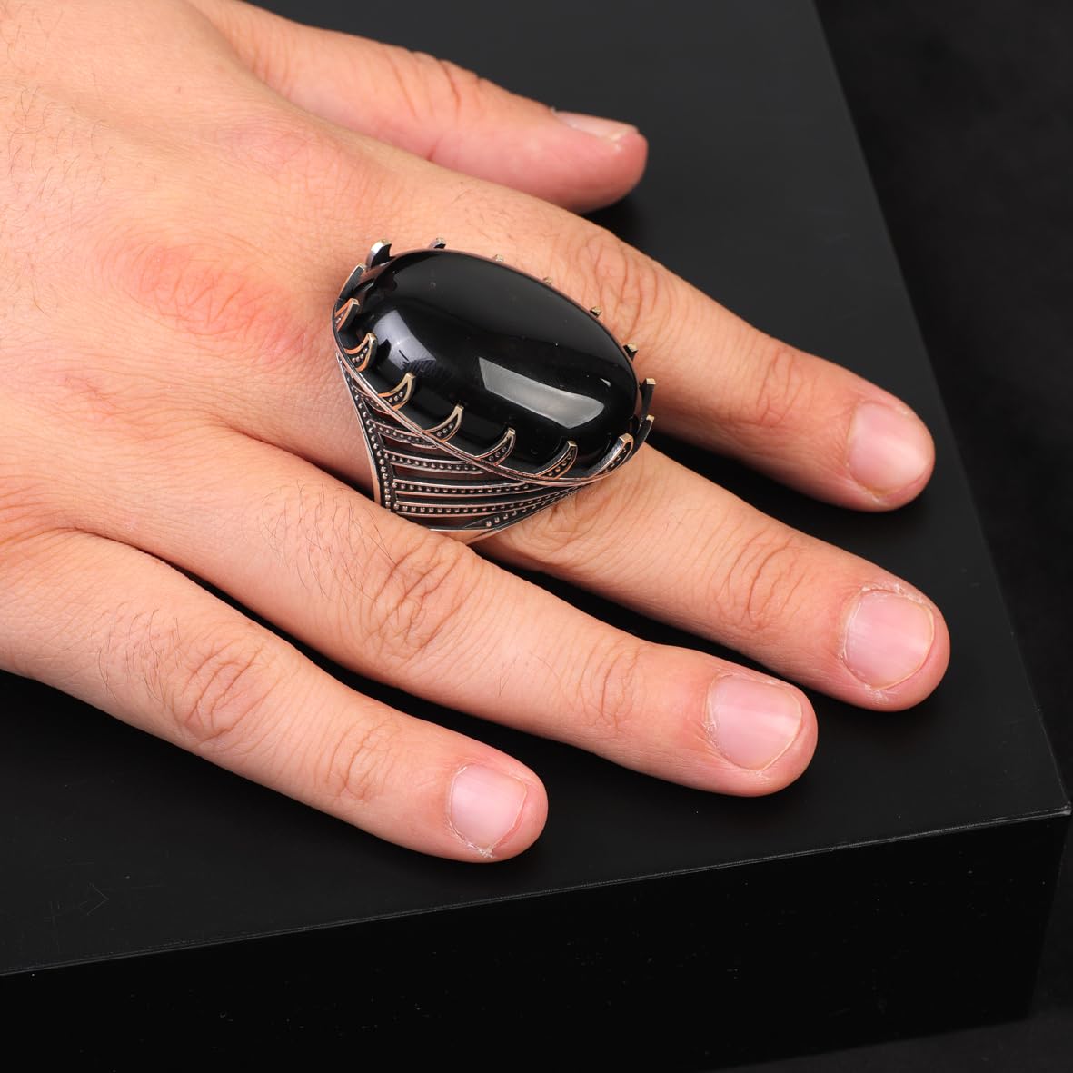 Men's Black Onyx Ring - Chunky Sterling Silver Engagement Ring with Ottoman Design