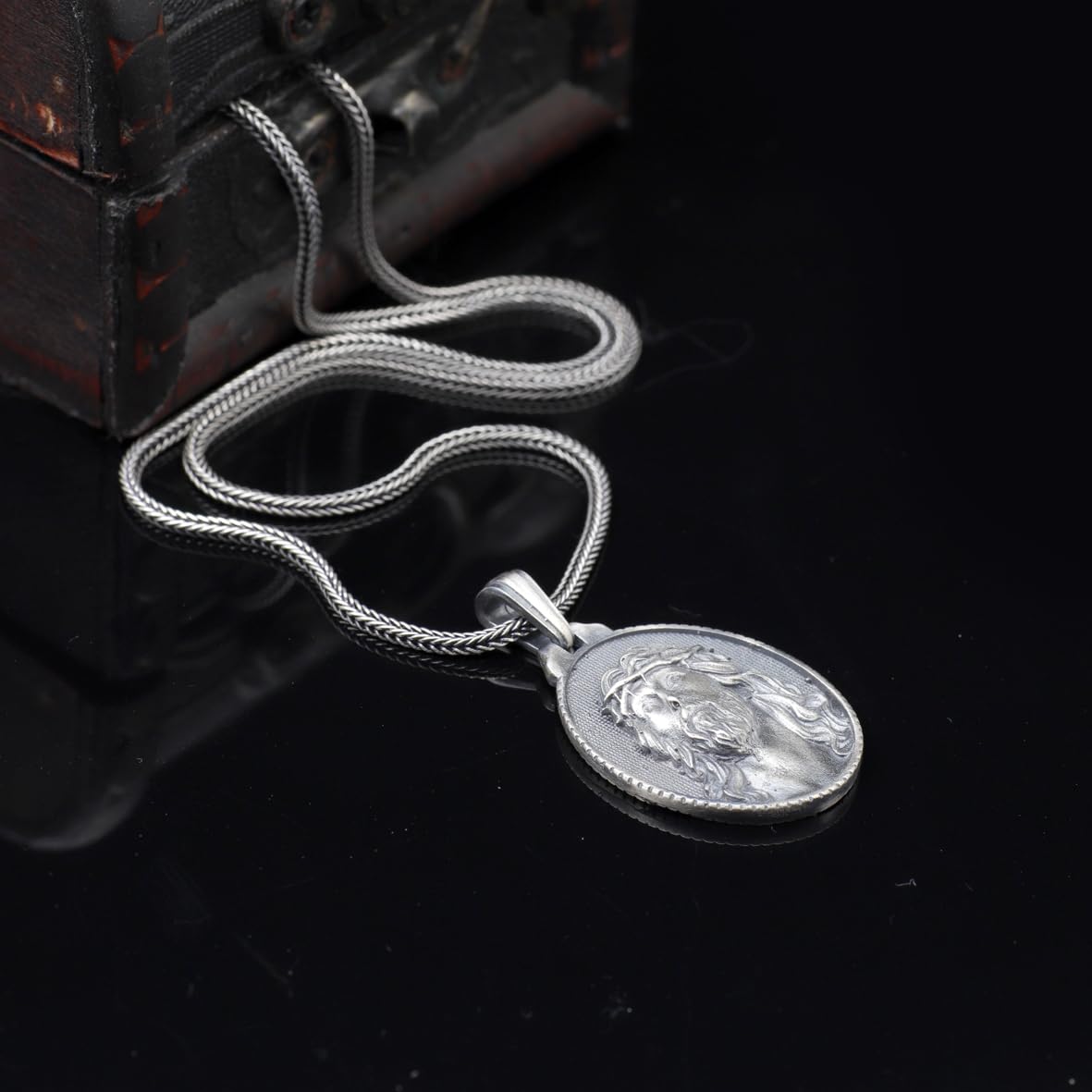 Handmade Jesus Necklace - Christian Sterling Silver Necklace for Men with Gothic Oxidized Chain and Silver Polishing Cloth Gift
