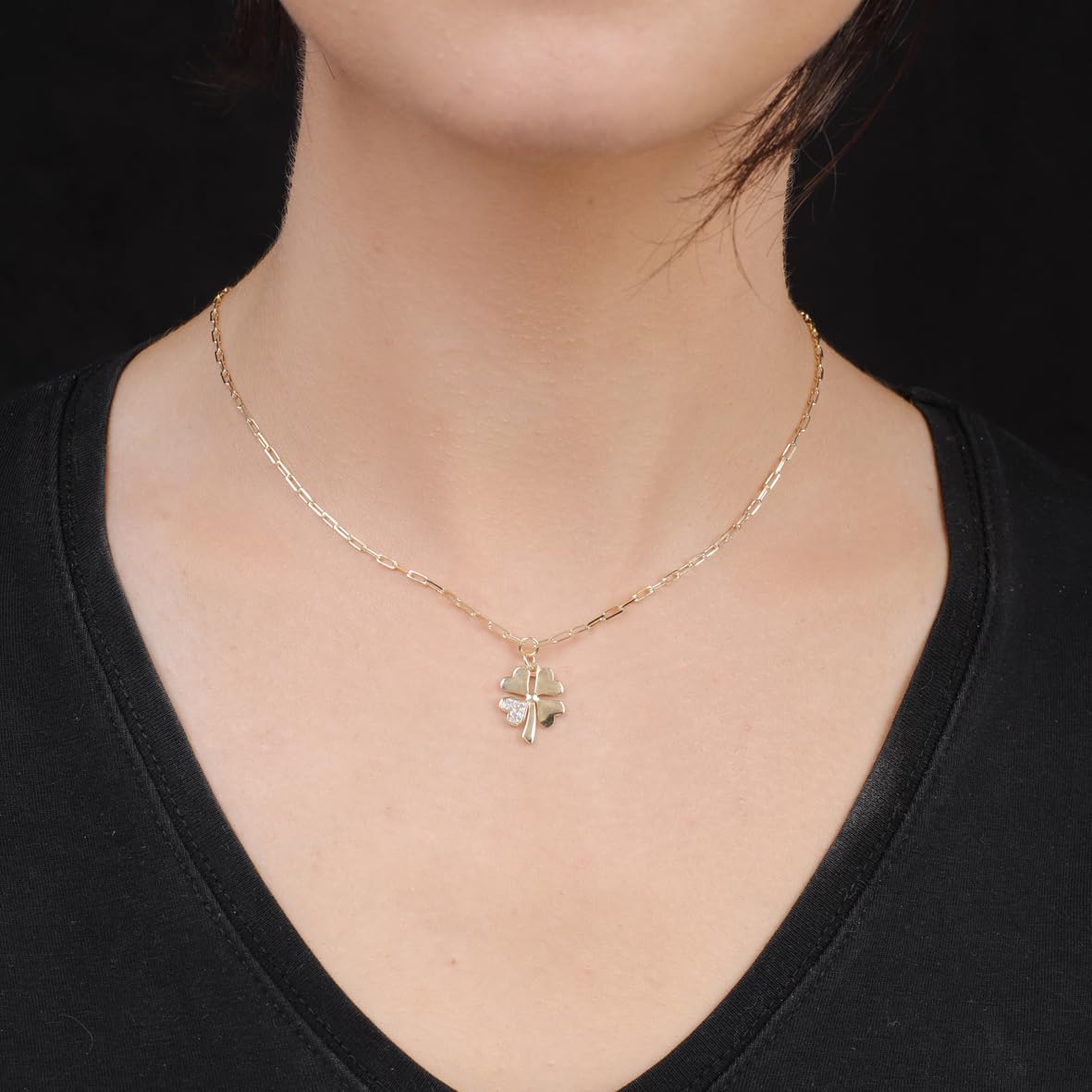 Four-Leaf Clover Necklace with Zircon Stone - Sterling Silver Necklace for Women - Four-Leaf Clover Necklace with Gold & Zircon Accents - Birthday Gifts for Women
