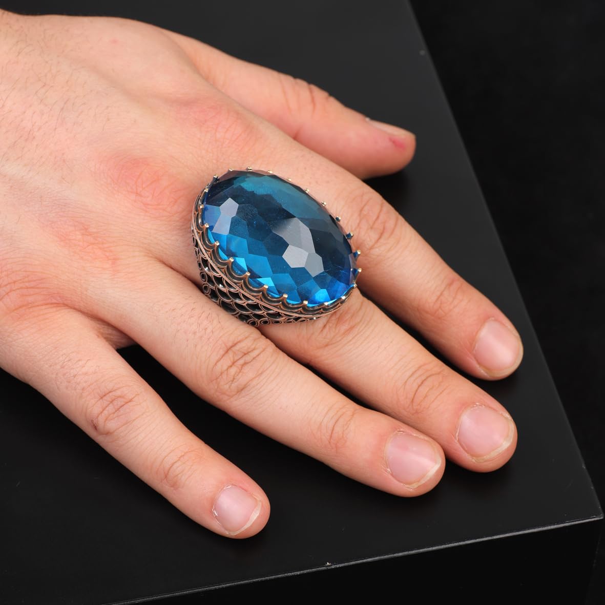 Aquamarine Ring - Large Gemstone Ring for Men