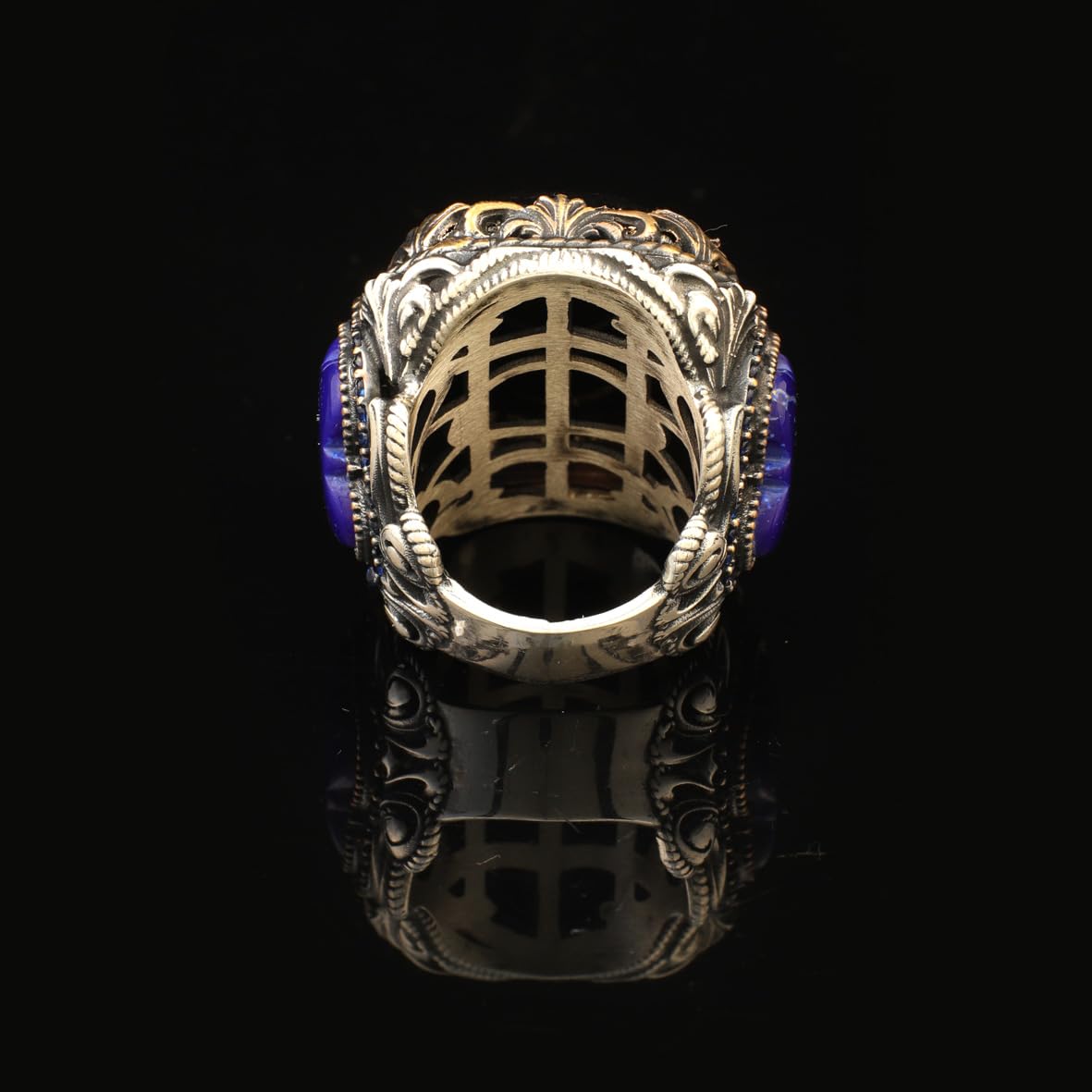 Onyx Lapis Lazuli Large Statement Whiskey Barrel Chunky Silver Ottoman Vintage 925 Sterling Promise Engagement Gemstone Ring Gift for Husband