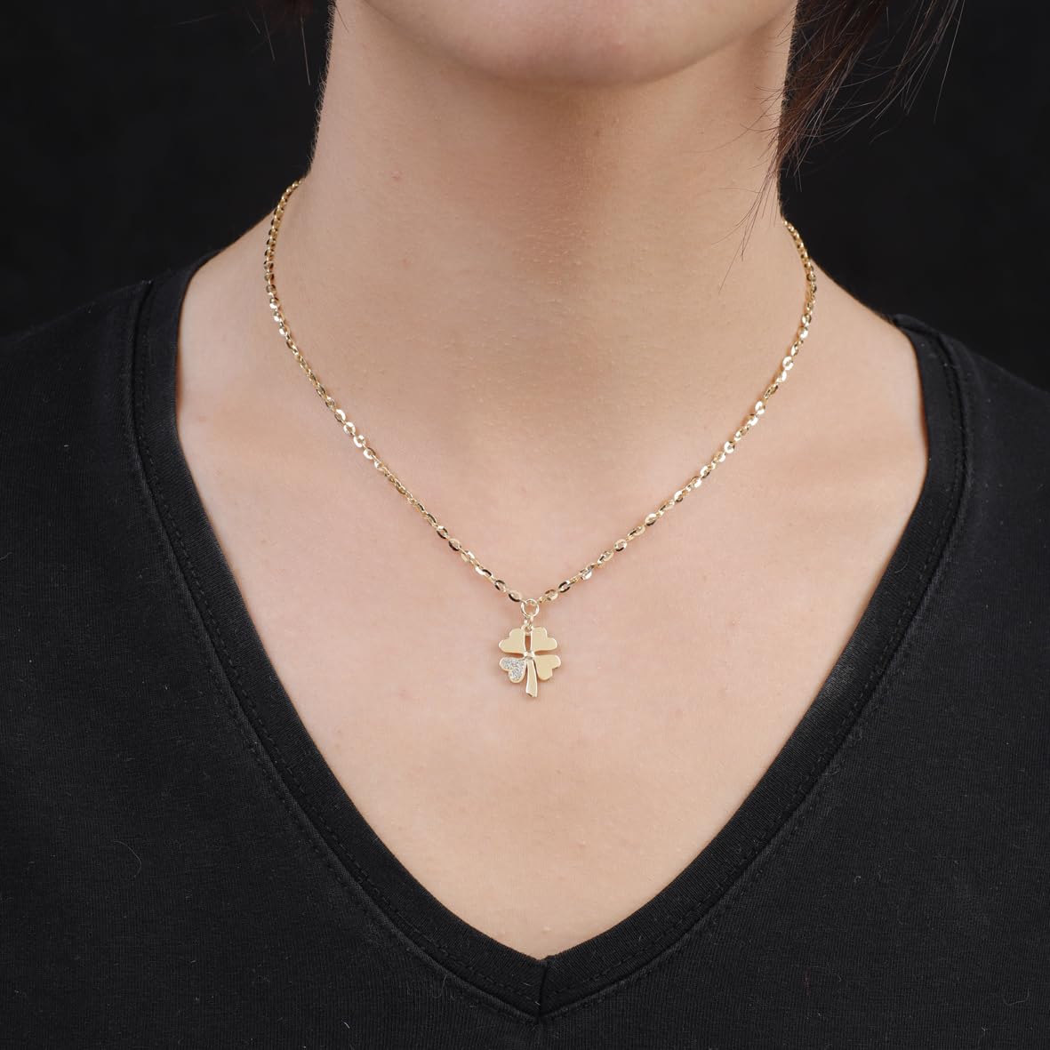 Four-Leaf Clover Necklace with Zircon Stone - Sterling Silver Necklace for Women - Four-Leaf Clover Necklace with Gold & Zircon Accents - Birthday Gifts for Women