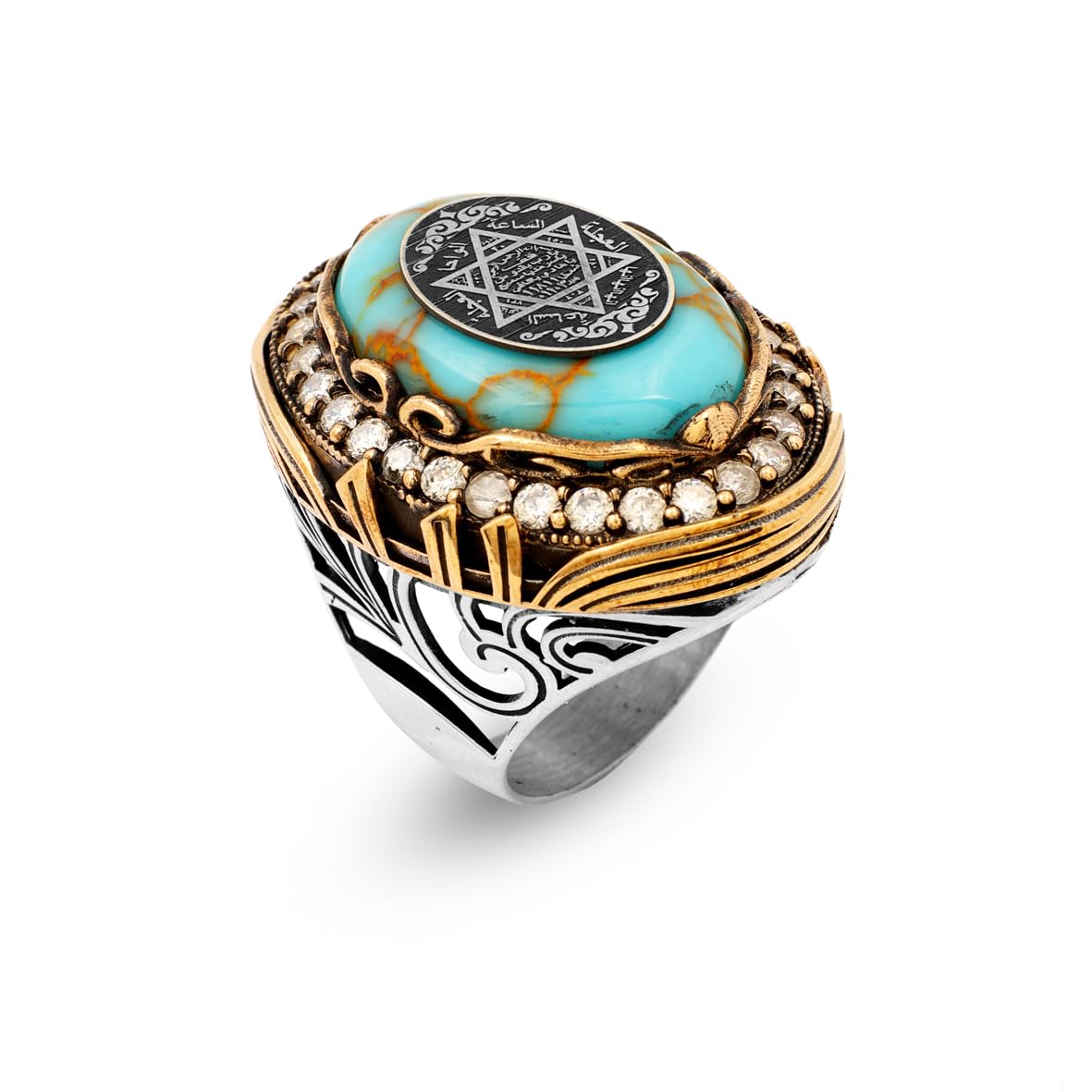 Solomon's Seal Signet Ring Mens Turquoise Large Statement Whiskey Barrel Chunky Silver Ottoman Vintage 925 Sterling Promise Engagement Gemstone Gift