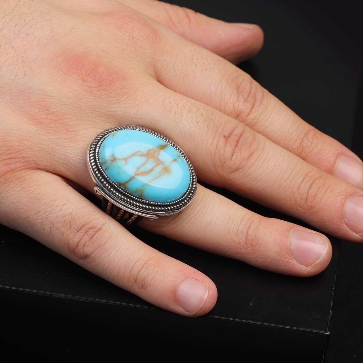 Vintage Turquoise Oval Stone Ring for Men - Large 925 Sterling Silver Turkish Handmade Polished Engagement Ring with Silver Polishing Cloth Gift