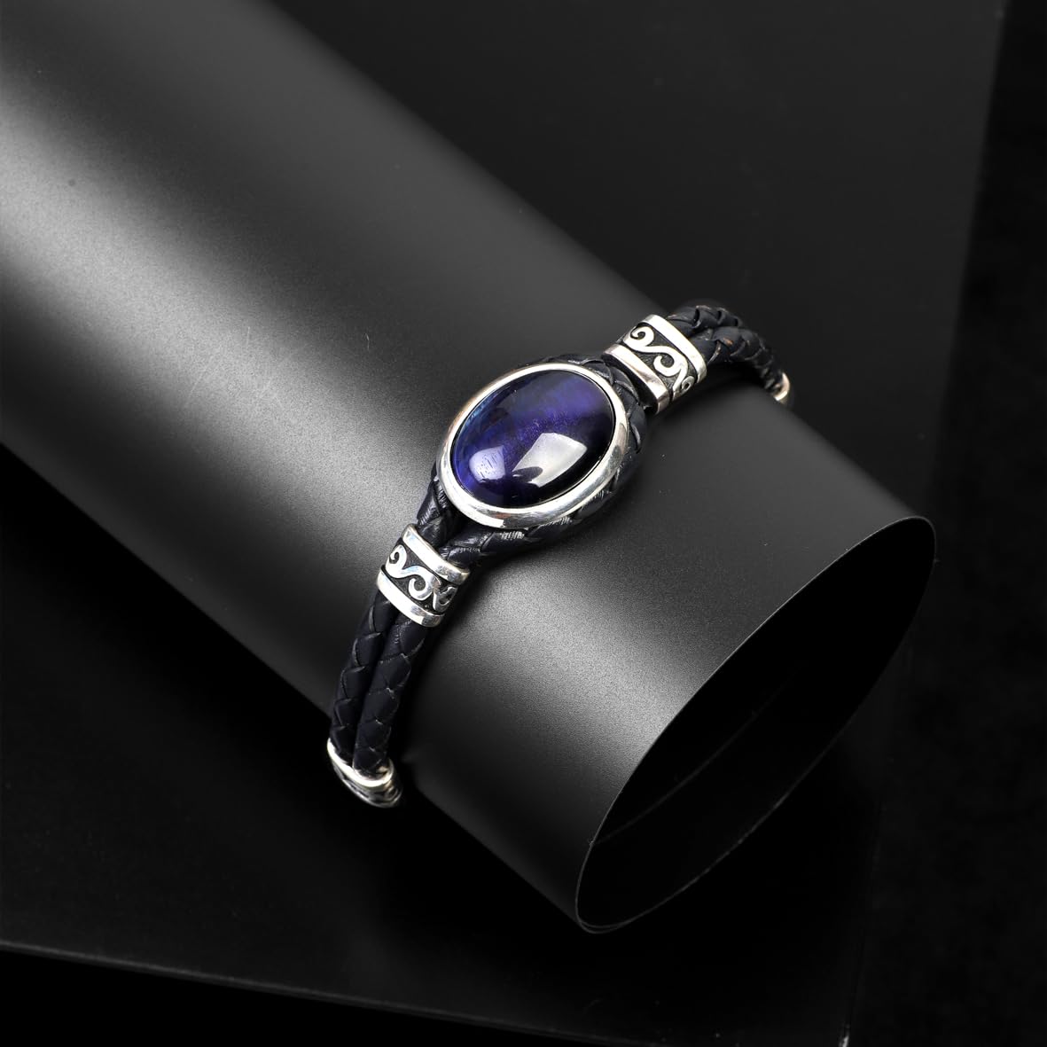 Vintage Men’s Leather Bracelet with Blue Tiger Eye Gemstone – Sterling Silver