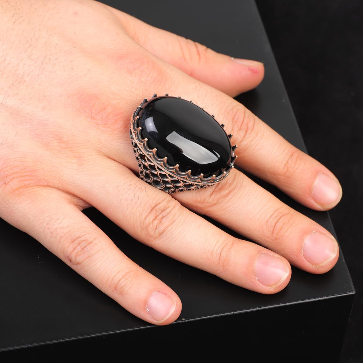 Vintage Men's Black Onyx Ring - Oval Large Gemstone Ring