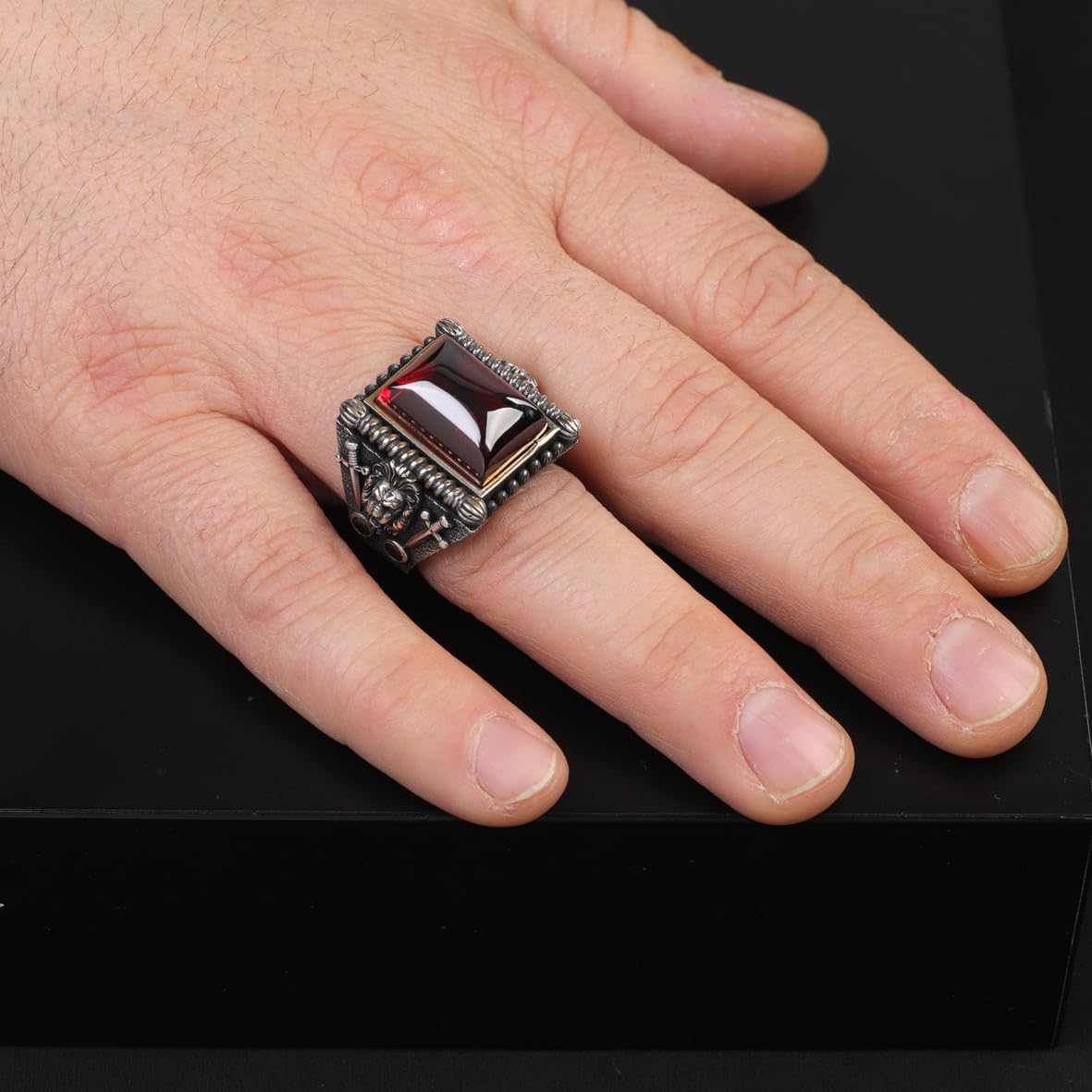 Ruby Lion Ring with Sword Design – Vintage Handmade Sterling Silver Ring for Men