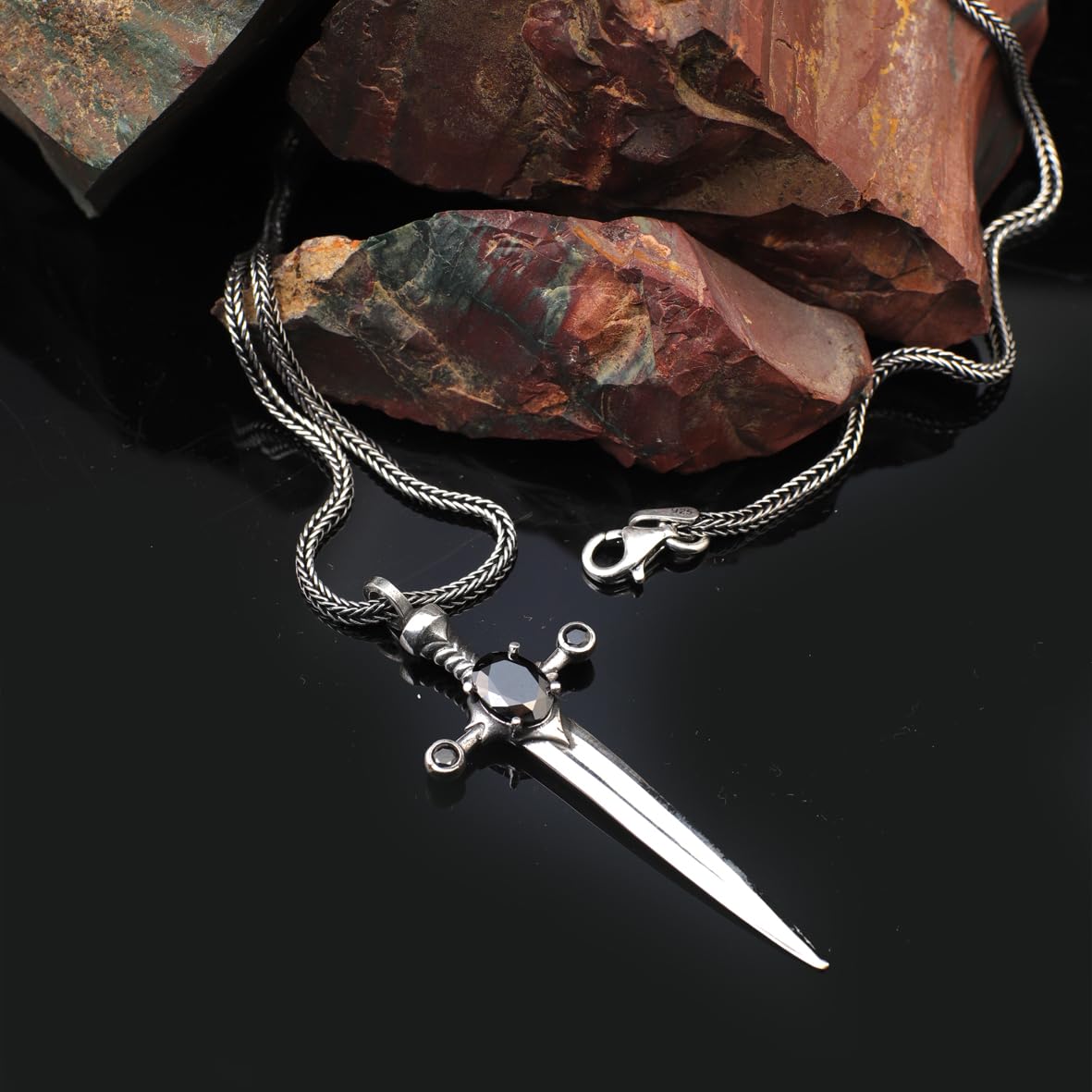 Sapphire Sword Necklace for Men in Sterling Silver – Gothic and Biker Pendant