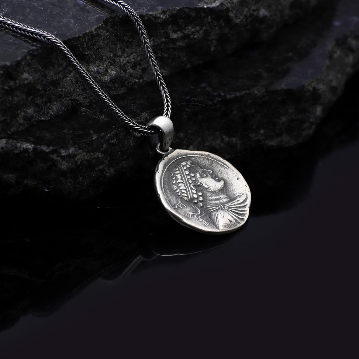Sterling Silver Men's Coin Necklace with Antique Caesar Pendant - Antique Caesar Design in Sterling Silver - Birthday Gifts