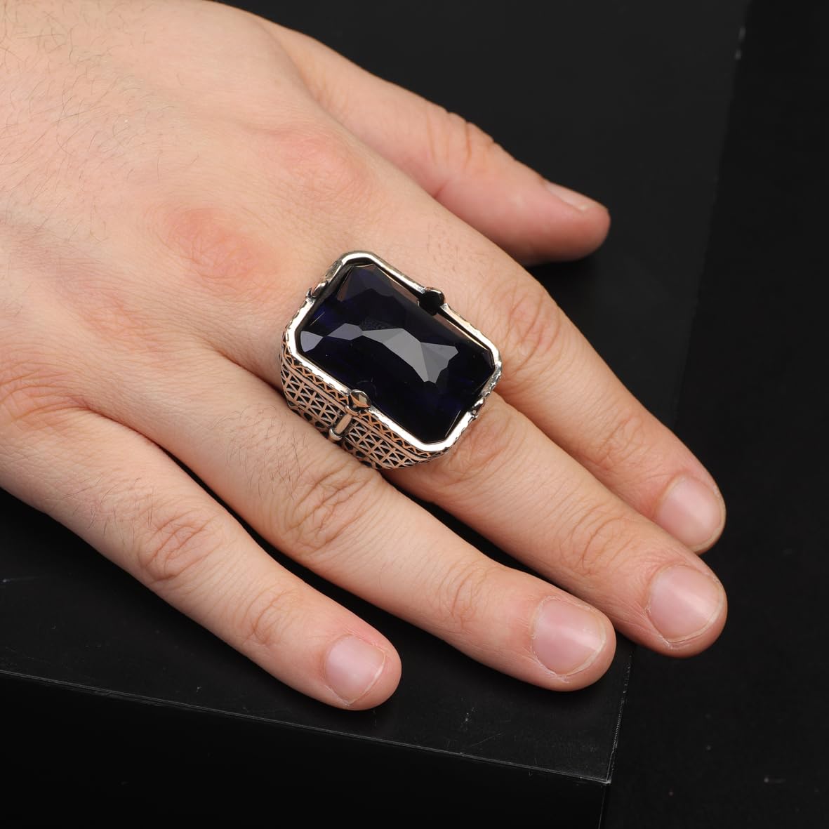 Vintage Large Blue Sapphire Ring for Men - 925 Sterling Silver Turkish Handmade Polished Engagement Ring with Silver Polishing Cloth Gift
