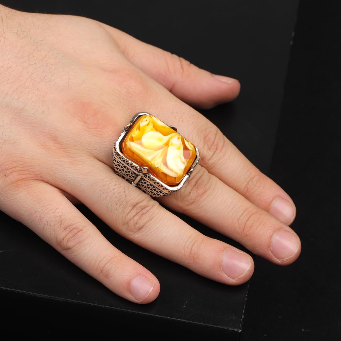 Vintage Large Squeezing Amber Ring for Men - 925 Sterling Silver Turkish Handmade Polished Engagement Ring with Silver Polishing Cloth Gift