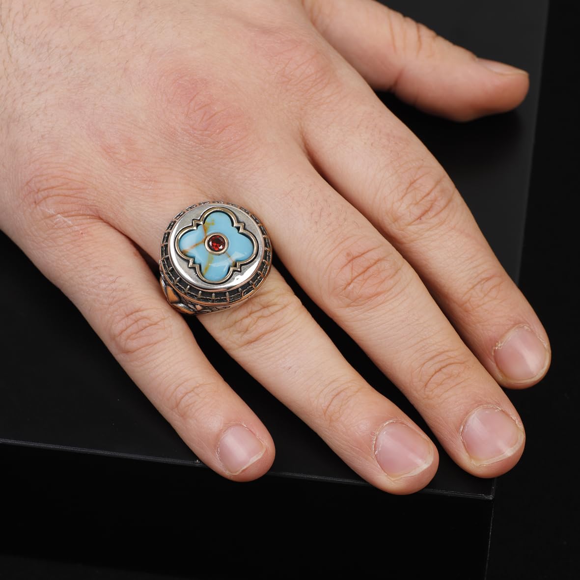 Genuine Turquoise Mens Ring with Micro Ruby Stone - Vintage Handmade 925 Sterling Silver Men's Ring with Silver Polishing Cloth Gift