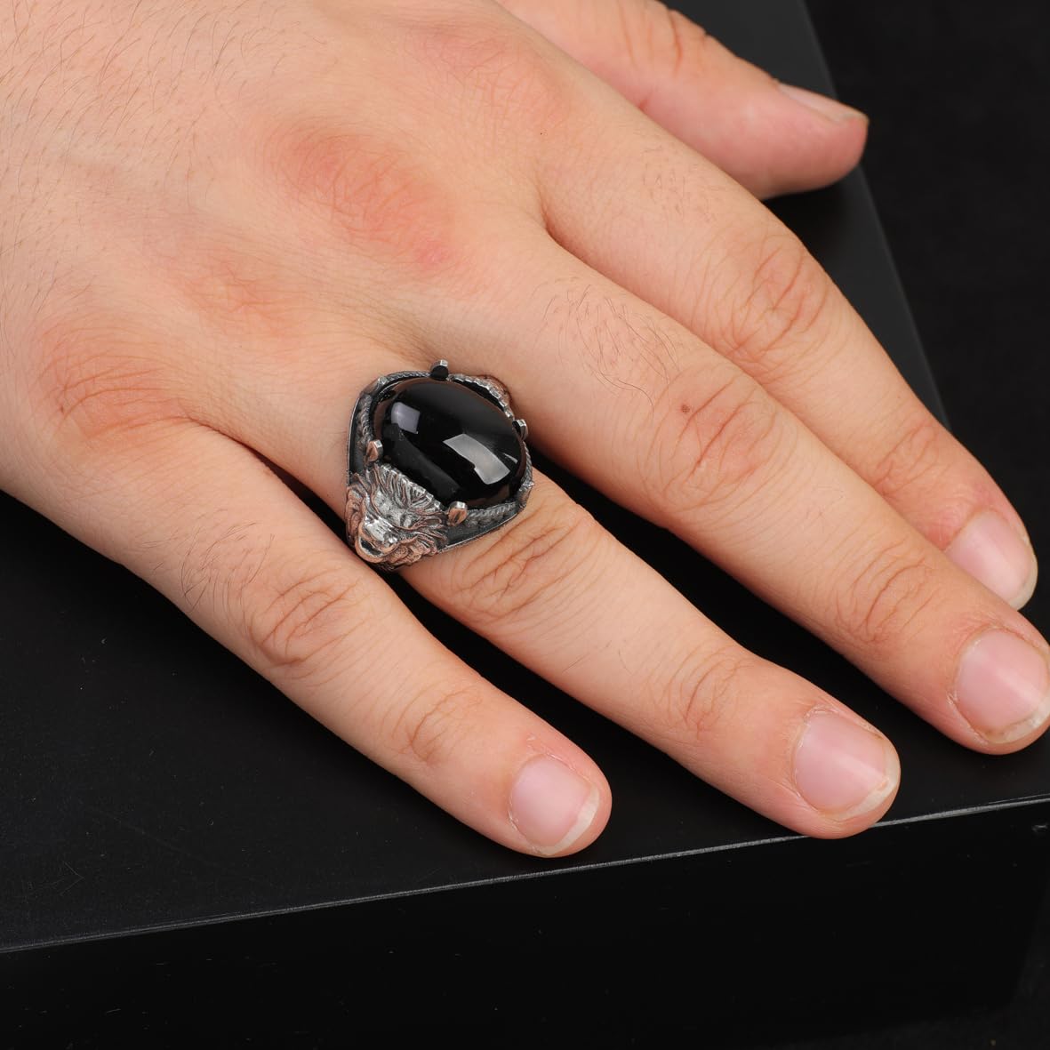 Handmade Black Onyx Lion Signet Ring - Vintage 925 Sterling Silver Mens Ring