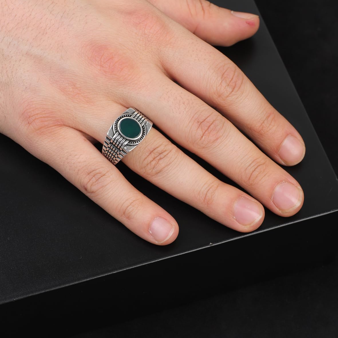 Handmade Jade Gemstone Watch Band Engagement Ring for Men Vintage 925 Sterling Silver