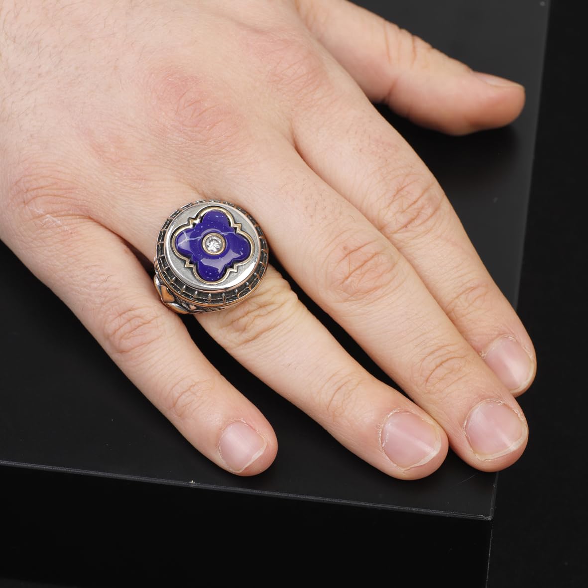 Lapis Lazuli Ring with Micro Sapphire: Vintage Handmade 925 Sterling Silver Men's Gemstone Ring with Silver Polishing Cloth Gift