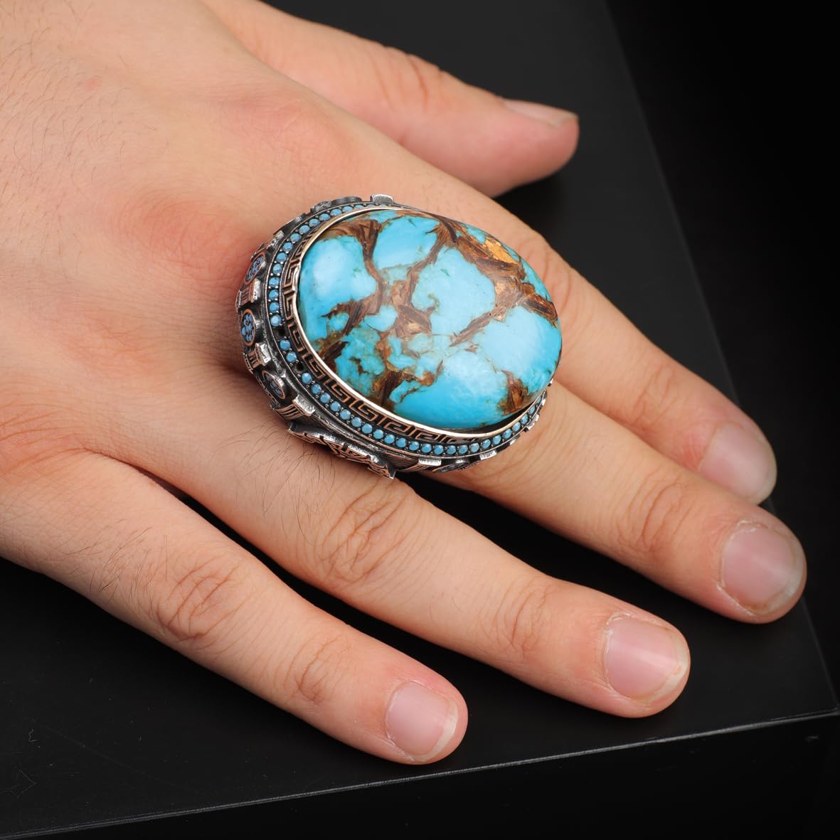 Special Turquoise Stone Ring – Large Oval Stone in Polished 925 Sterling Silver