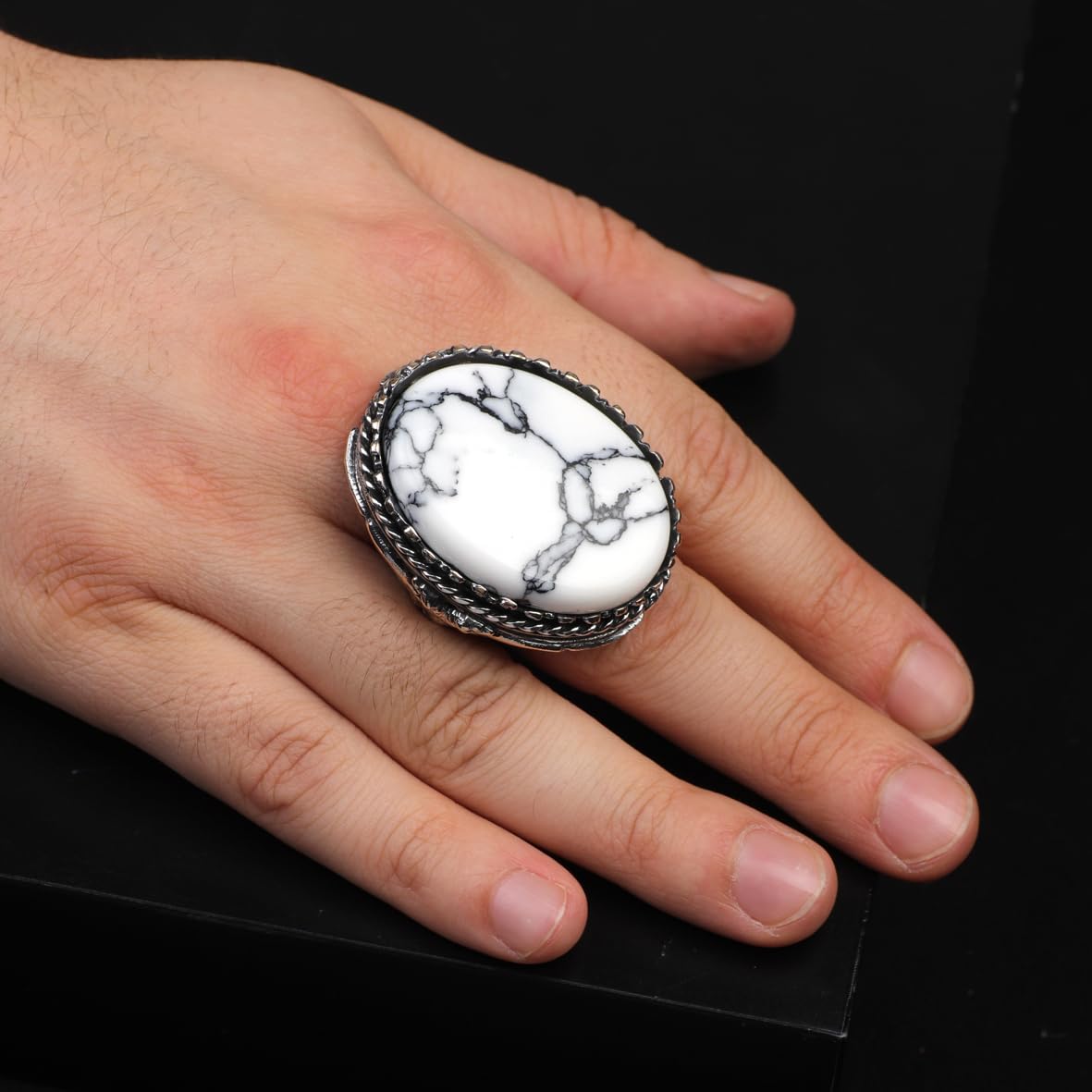 Vintage White Turquoise Eagle Ring for Men - Large Oval Stone 925 Sterling Silver Turkish Handmade Polished Engagement Ring with Silver Polishing Cloth Gift