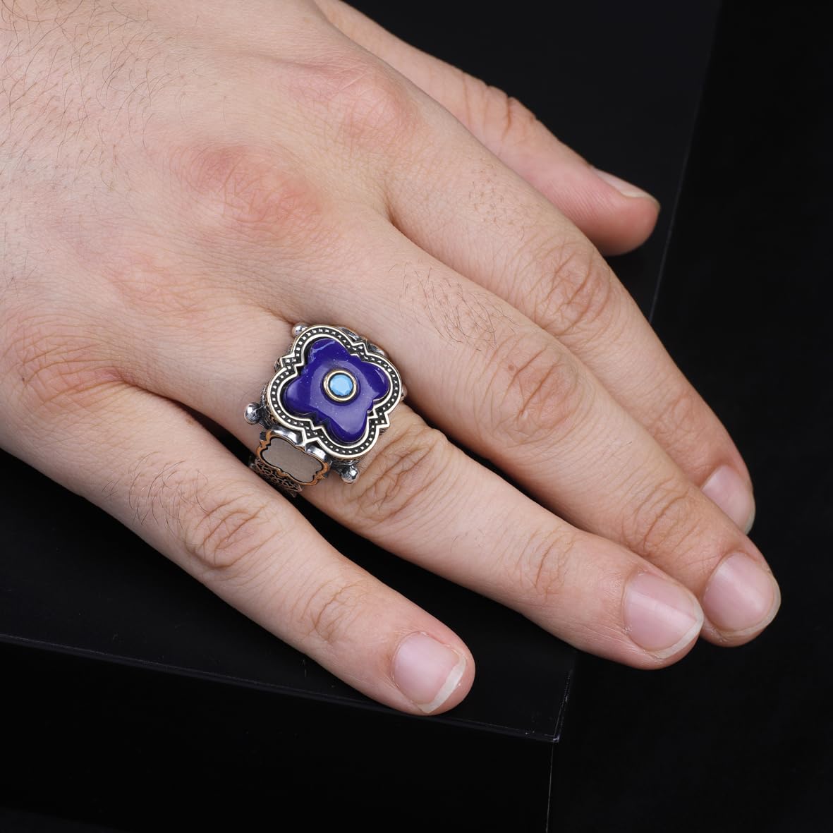 Handmade Vintage Lapis Lazuli and Micro Men's Turquoise Gemstone 925 Sterling Silver Rings for Men - Birthday Gifts