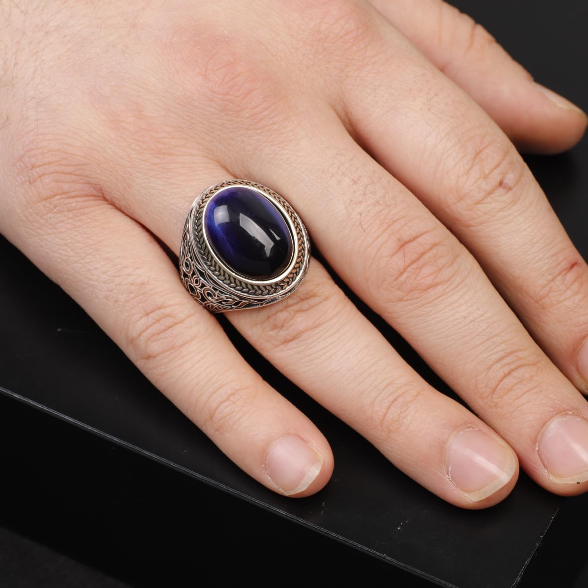 Handmade Blue Tiger Eye Men's Ring - 925 Sterling Silver Gemstone Jewelry with Silver Polishing Cloth Gift