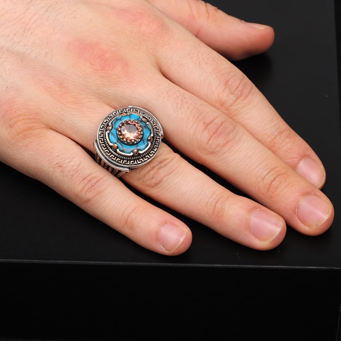 925 Sterling Silver Rotating Ring with Turquoise and Tiger Eye - Ottoman Inspired Men's Jewelry - Birthday Gifts