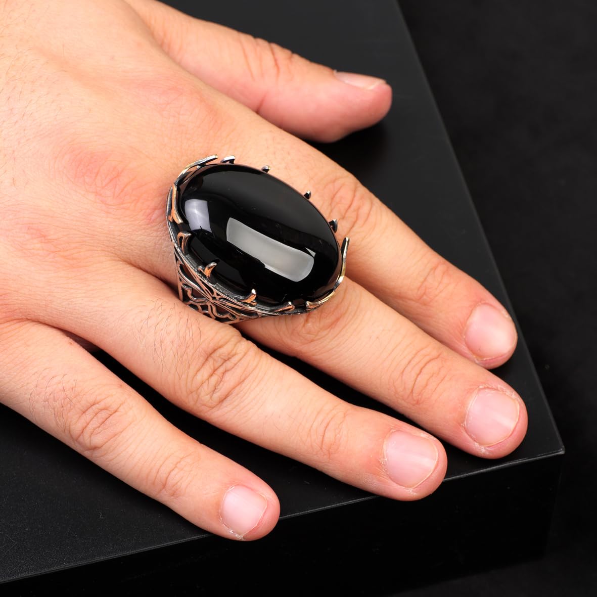 Men's Handmade Black Onyx Ring – Chunky Sterling Silver Vintage Engagement Ring with Ottoman Design