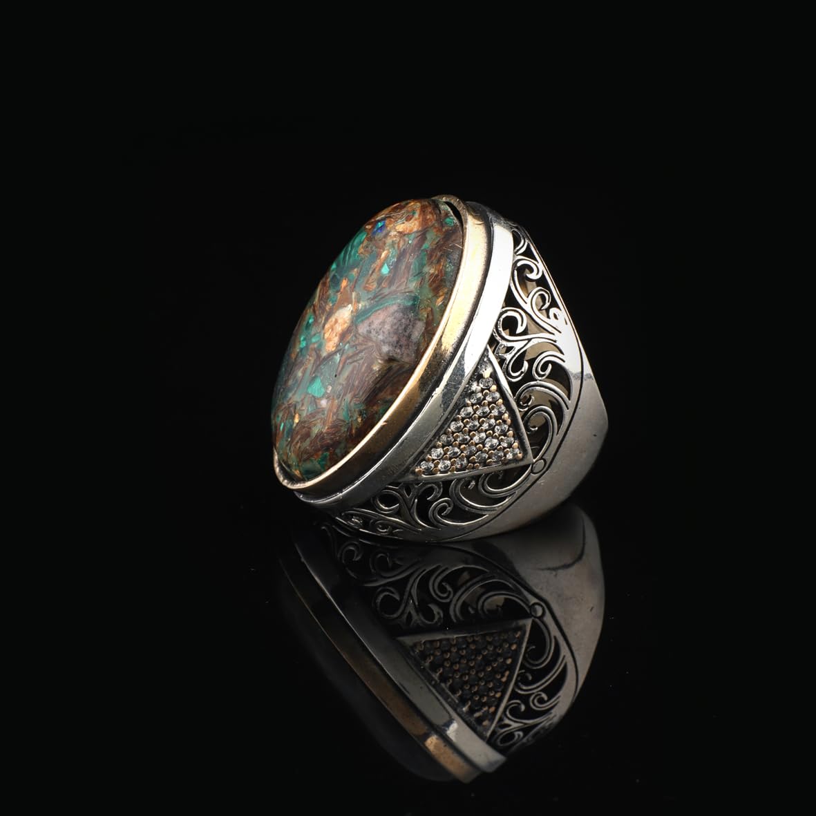 Vintage Men’s Turquoise & Micro Sapphire Gemstone Ring – Chunky Ottoman Sterling Silver Engagement Ring