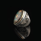 Vintage Men’s Turquoise & Micro Sapphire Gemstone Ring – Chunky Ottoman Sterling Silver Engagement Ring — image 5
