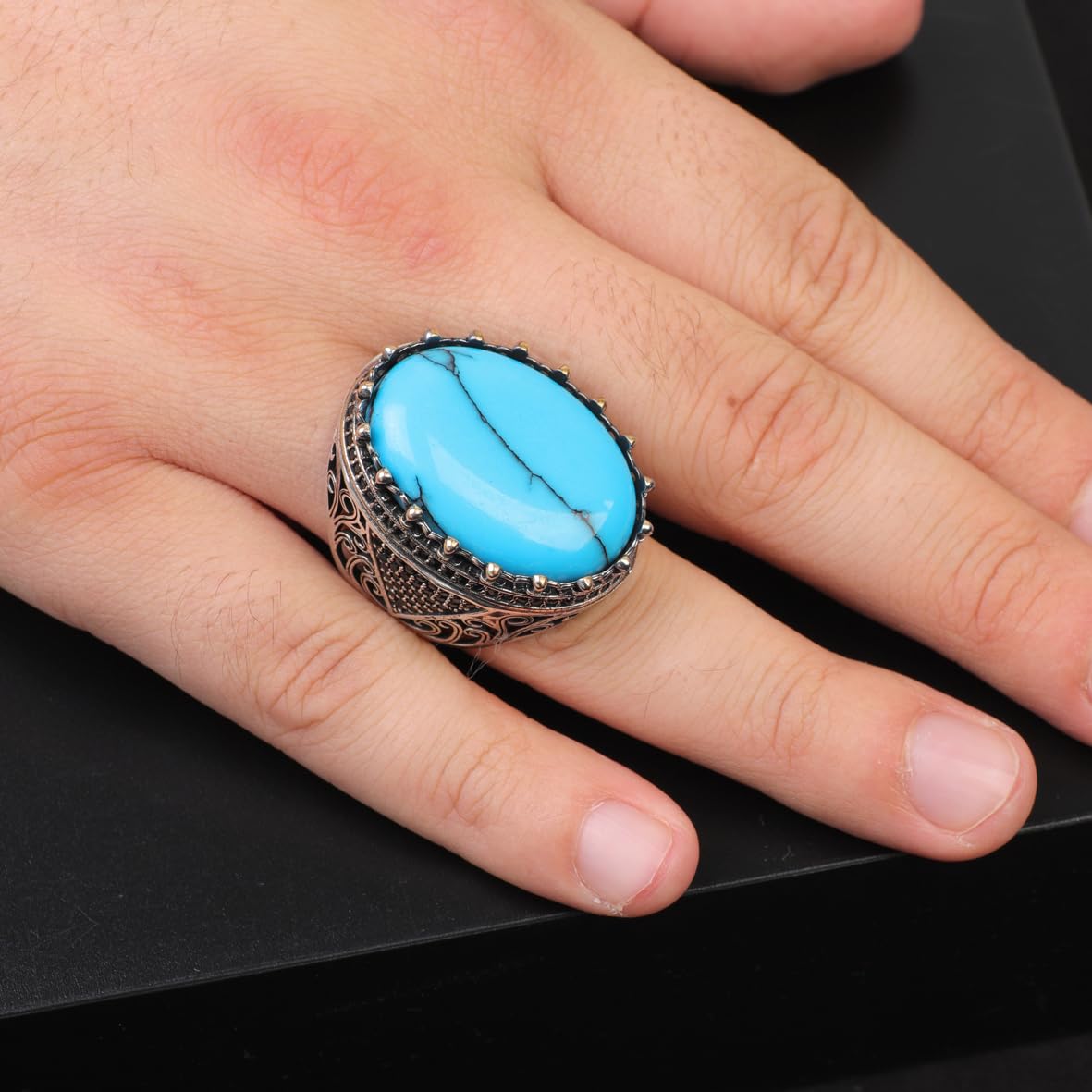 Men's Turquoise Ring with Micro Sapphire - Chunky Sterling Silver Gemstone Ring