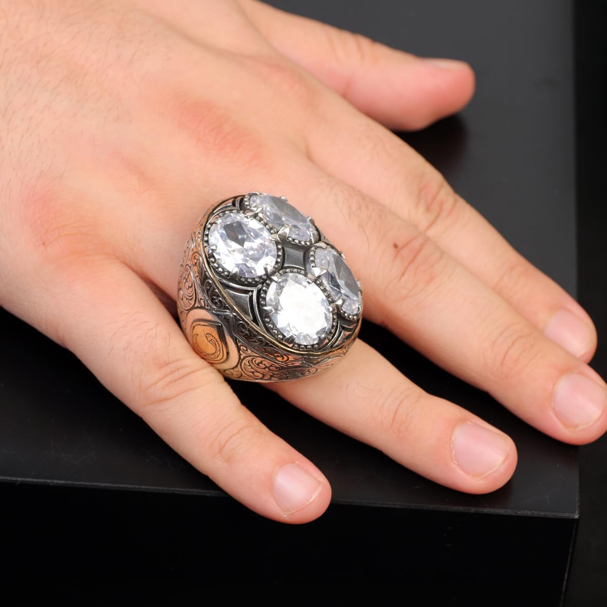 Handmade White Sapphire Sterling Silver Ottoman Ring for Men