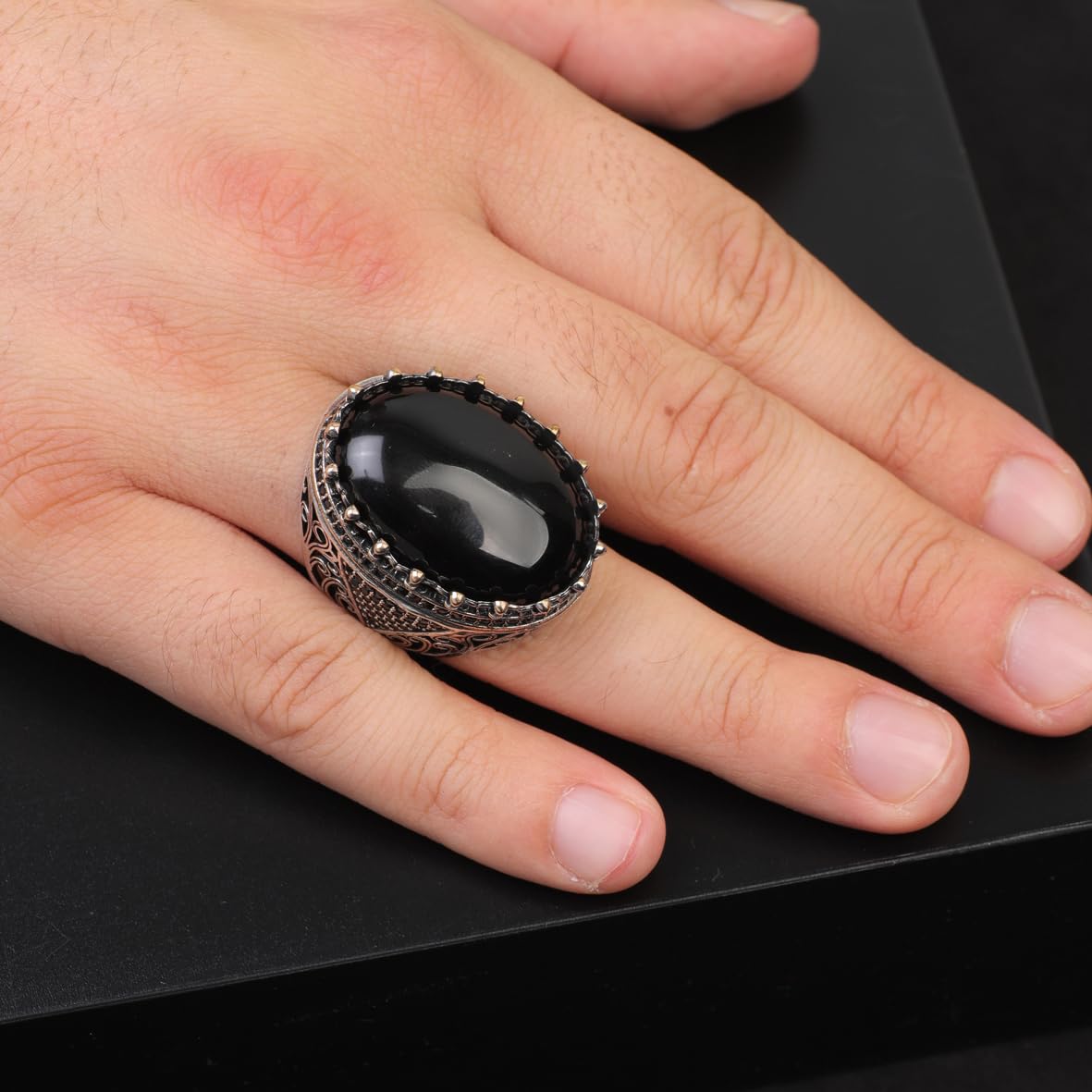 Black Onyx Ring - Chunky Silver Gemstone Engagement Ring for Men