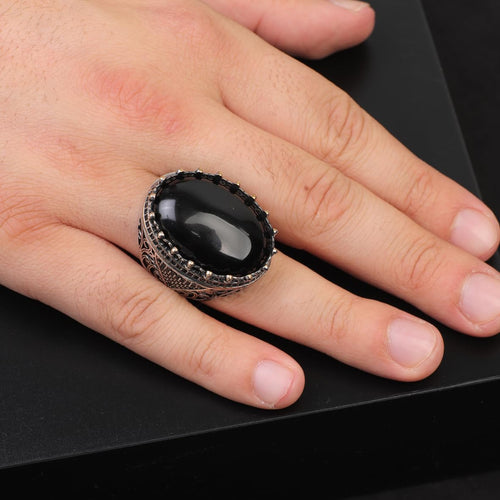 Black Onyx Ring - Chunky Silver Gemstone Engagement Ring for Men