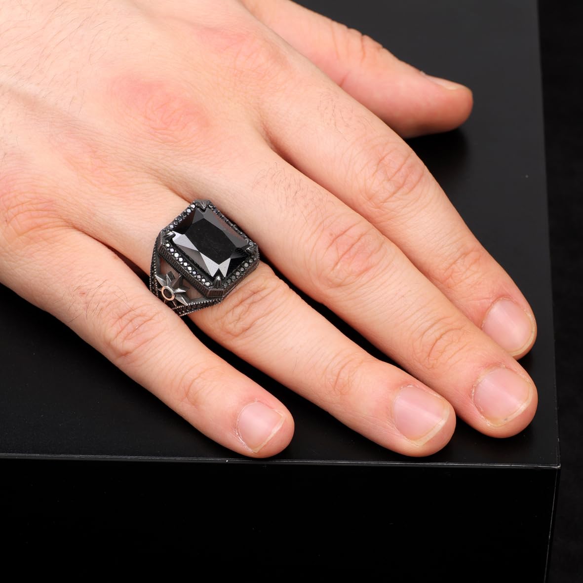 Black Onyx Ring for Men - Pole Star 925 Sterling Silver Jewelry - Men's Sterling Silver Ring with Black Onyx - Birthday Gifts