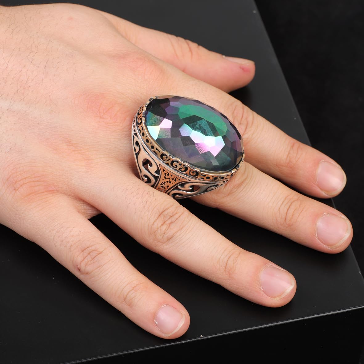 Mystical Topaz Oval Gemstone Ring - Large Handmade 925 Sterling Silver Ottoman Style Vintage Men's Ring with Silver Polishing Cloth Gift