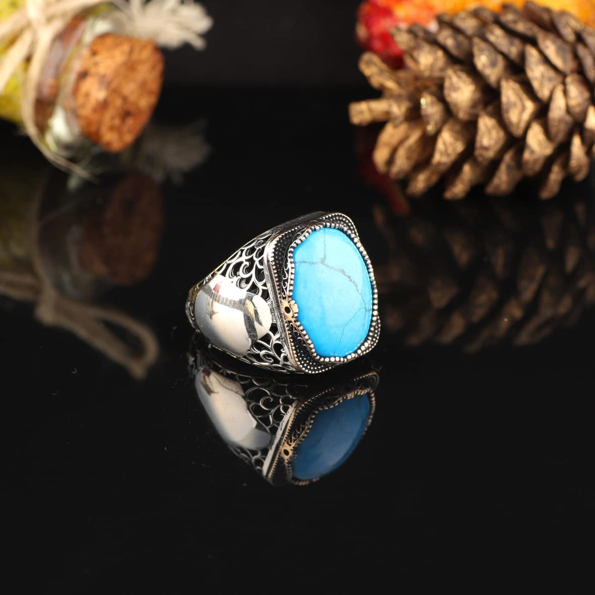 925K Sterling Silver Mens Turquoise Ring