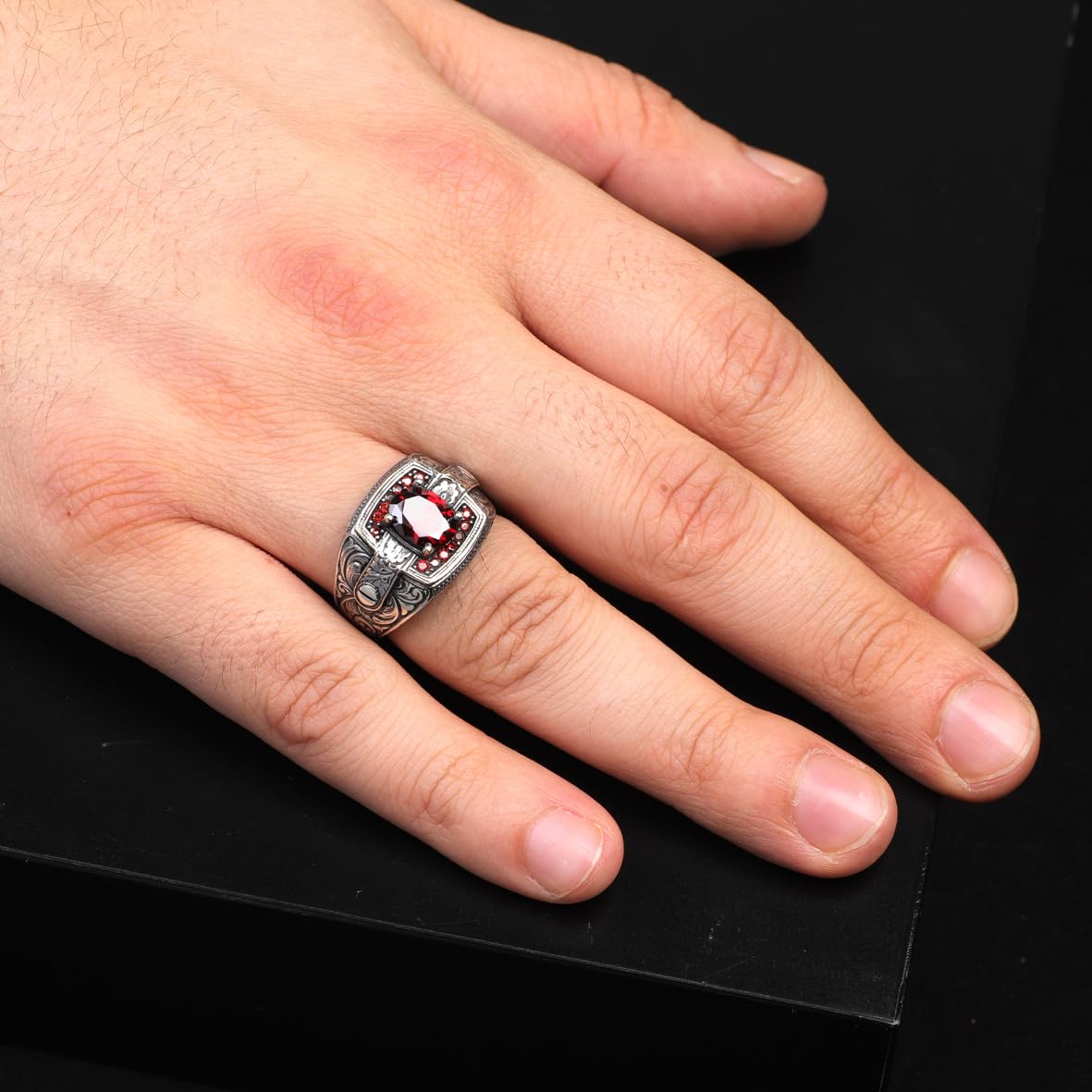 Vintage Garnet Ring for Men - Handmade Turkish 925 Sterling Silver Engagement Ring with Polished Gemstone and Silver Polishing Cloth Gift