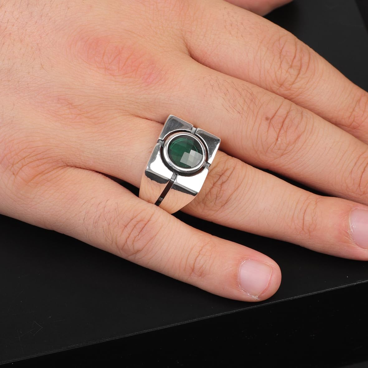 Handmade Emerald Gemstone Signet Ring - Sterling Silver Vintage Pinky Ring for Men