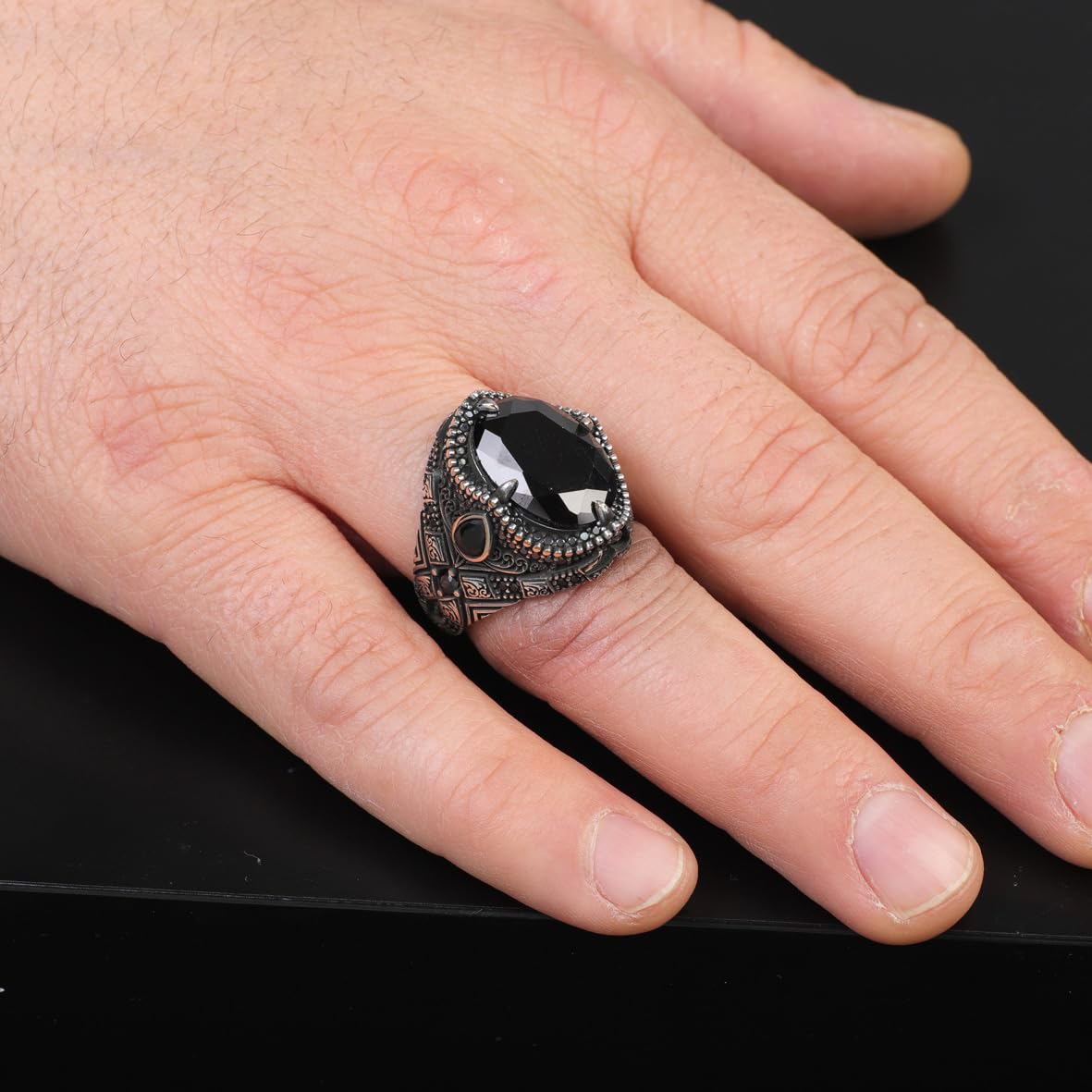 Vintage Ottoman Onyx Ring for Men – Handmade Gemstone Signet in 925 Sterling Silver – Custom Engraving Engagement Ring – Mens Silver Ring with Gift Silver Polishing Cloth